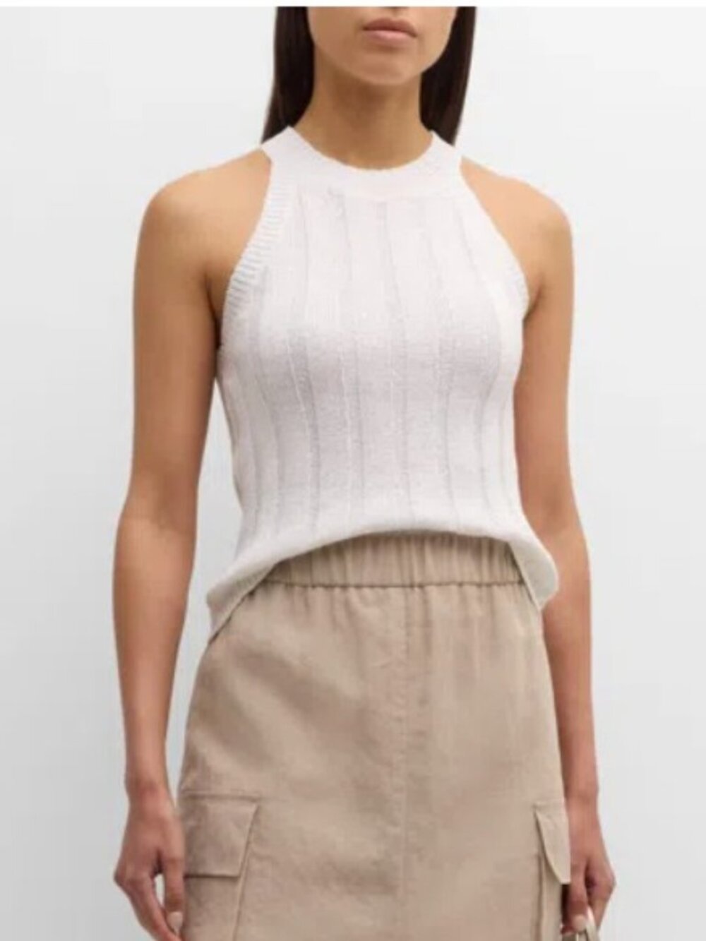 Brunello Cucinelli Paillettes Ribbed Halter White Tank Top Sz Medium